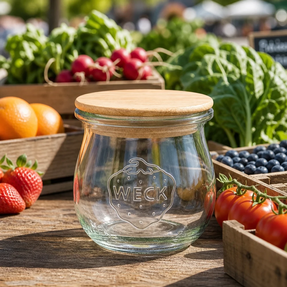 Słoik tulipanowy 75 ml WECK RR40 z drewnianą pokrywką WECK Tulpenglas 75ml mit Holzdeckel zwischen frischen Marktgemüse und Obst stilvolle Küchendeko Vorratsglas