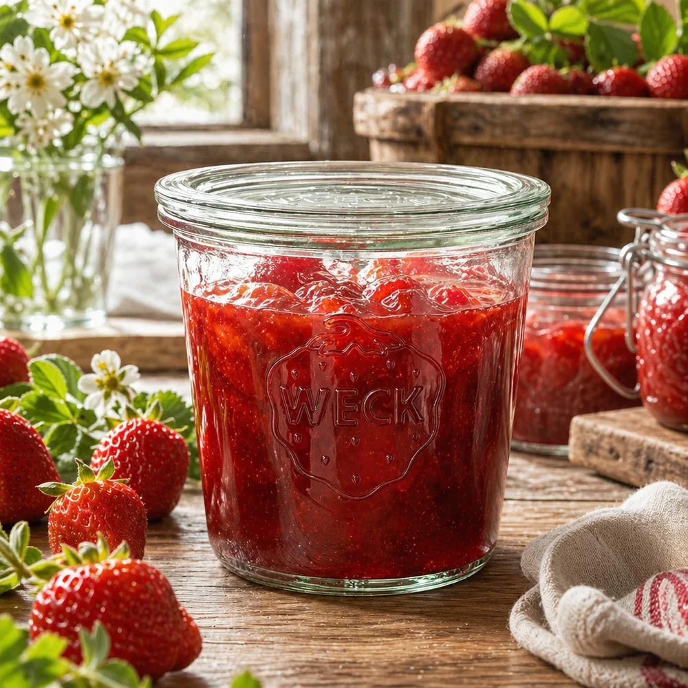 Słoik na przetwory WECK 580ml wypełniony dżemem truskawkowym w rustykalnej kuchni ze świeżymi truskawkami i kwiatami