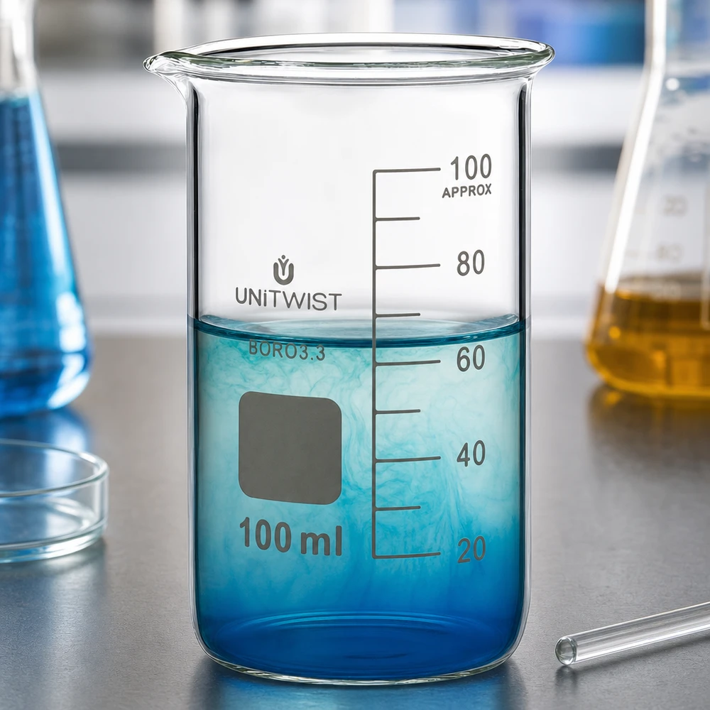 Zlewka 100ml borokrzemianowa, wysoka UNITWIST Zlewka miarowa 100 ml, wysoka, z borokrzemianu, ze skalą pomiarową do 100 ml, UNITWIST