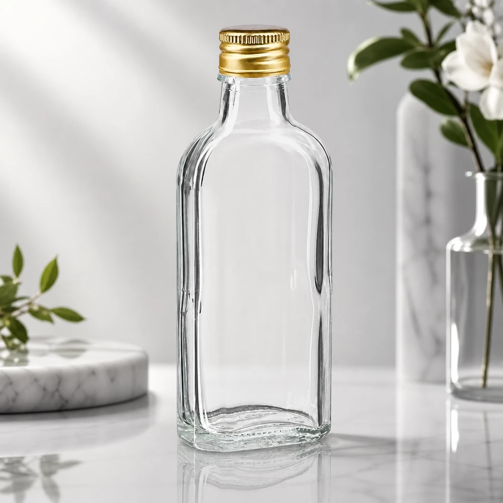 Pusta, przezroczysta szklana butelka Meplat o pojemności 100 ml ze złotą aluminiową nakrętką PP22 na marmurowym tle