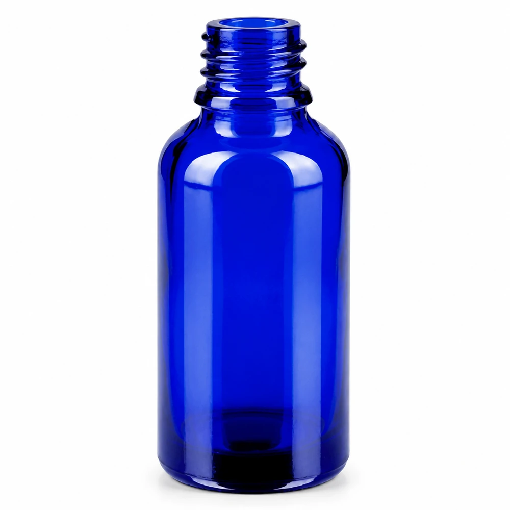 Kompaktowa szklana butelka z rozpylaczem o pojemności 30 ml w eleganckim niebieskim kolorze do precyzyjnego dozowania płynów
