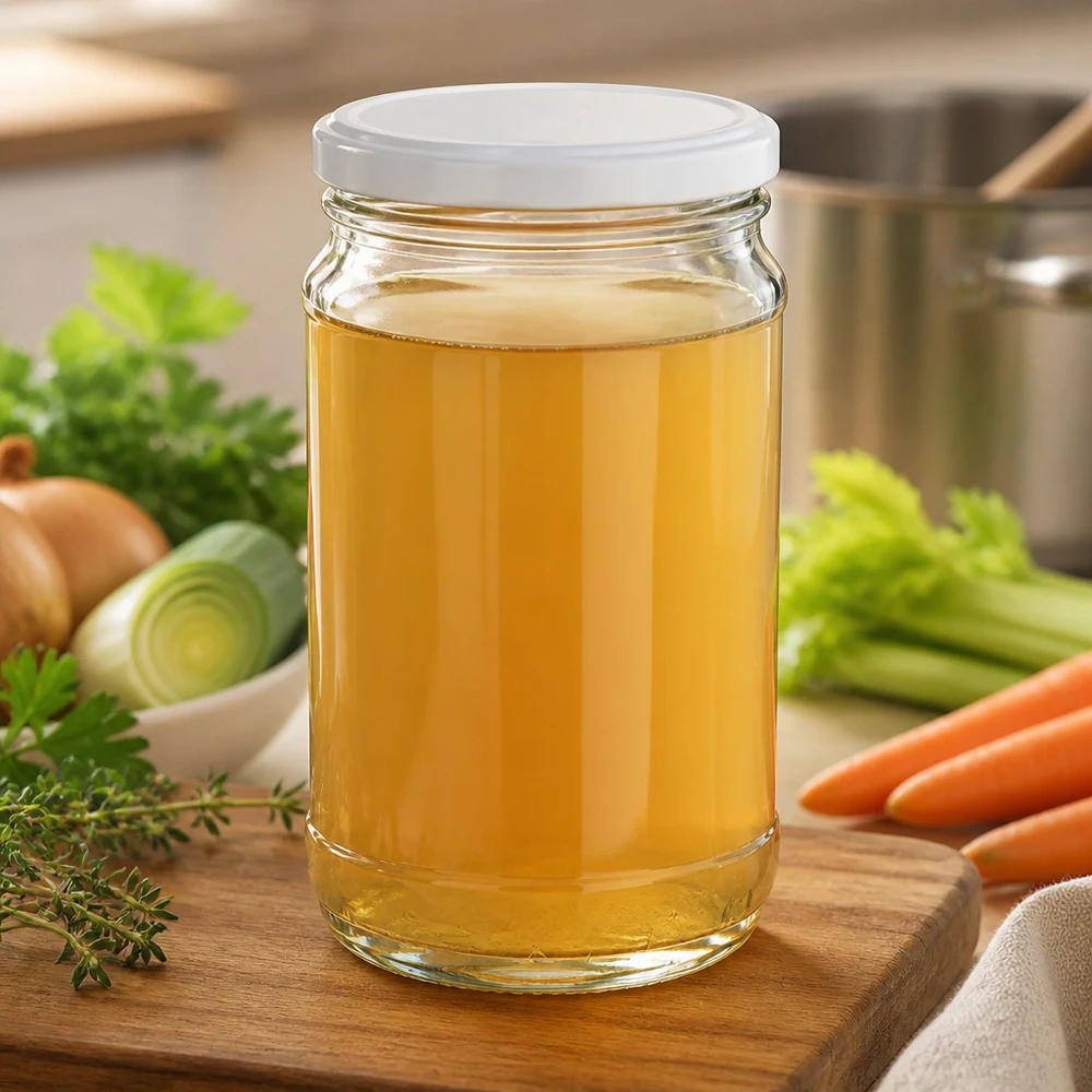 Okrągła szklanka UNiTWIST o pojemności 370 ml z białą pokrywką BasicSeal, wypełniona złotym bulionem, na drewnianej desce z warzywami