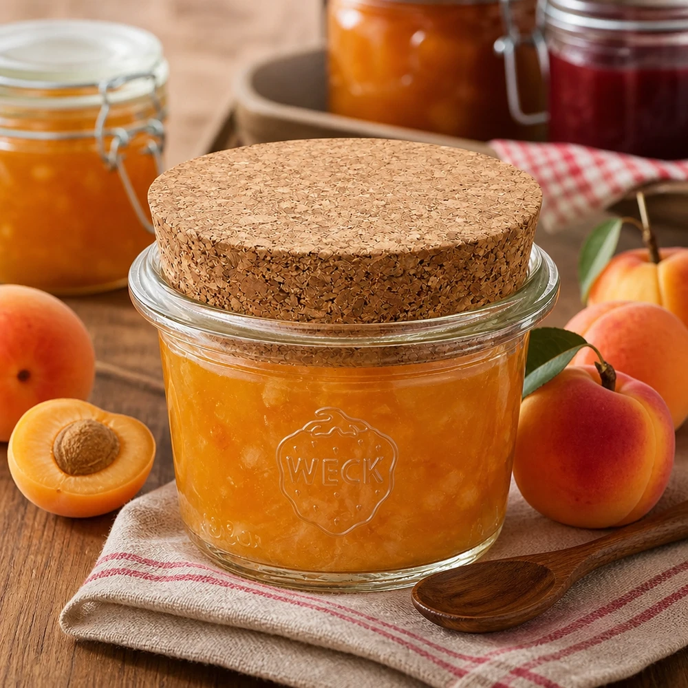 Kubki 35ml WECK RR40 z korkiem naturalne Słoik z korkiem WECK 35ml RR40 wypełniony dżemem morelowym obok świeżych moreli na drewnianym stole