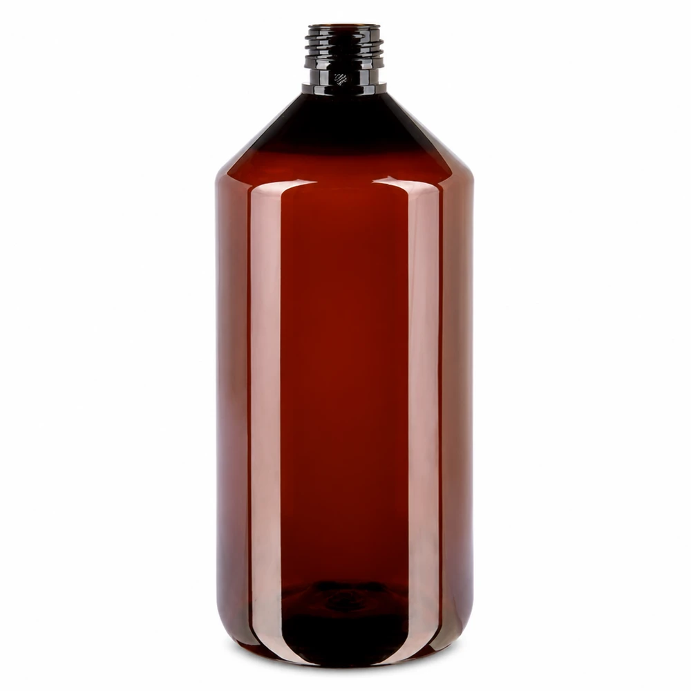 Butelka PET 1000ml PP28 bez zakrętki Butelka PET o pojemności 1000 ml, w kolorze bursztynowo-brązowym, z gwintem PP28, bez nakrętki – butelka z tworzywa sztucznego