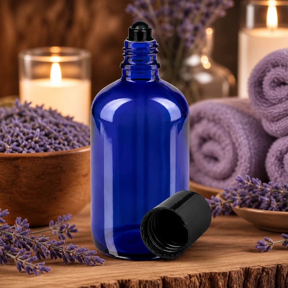 Niebieska szklana buteleczka o pojemności 100 ml z nakrętką typu roll-on, otoczona kwiatami lawendy i świecami