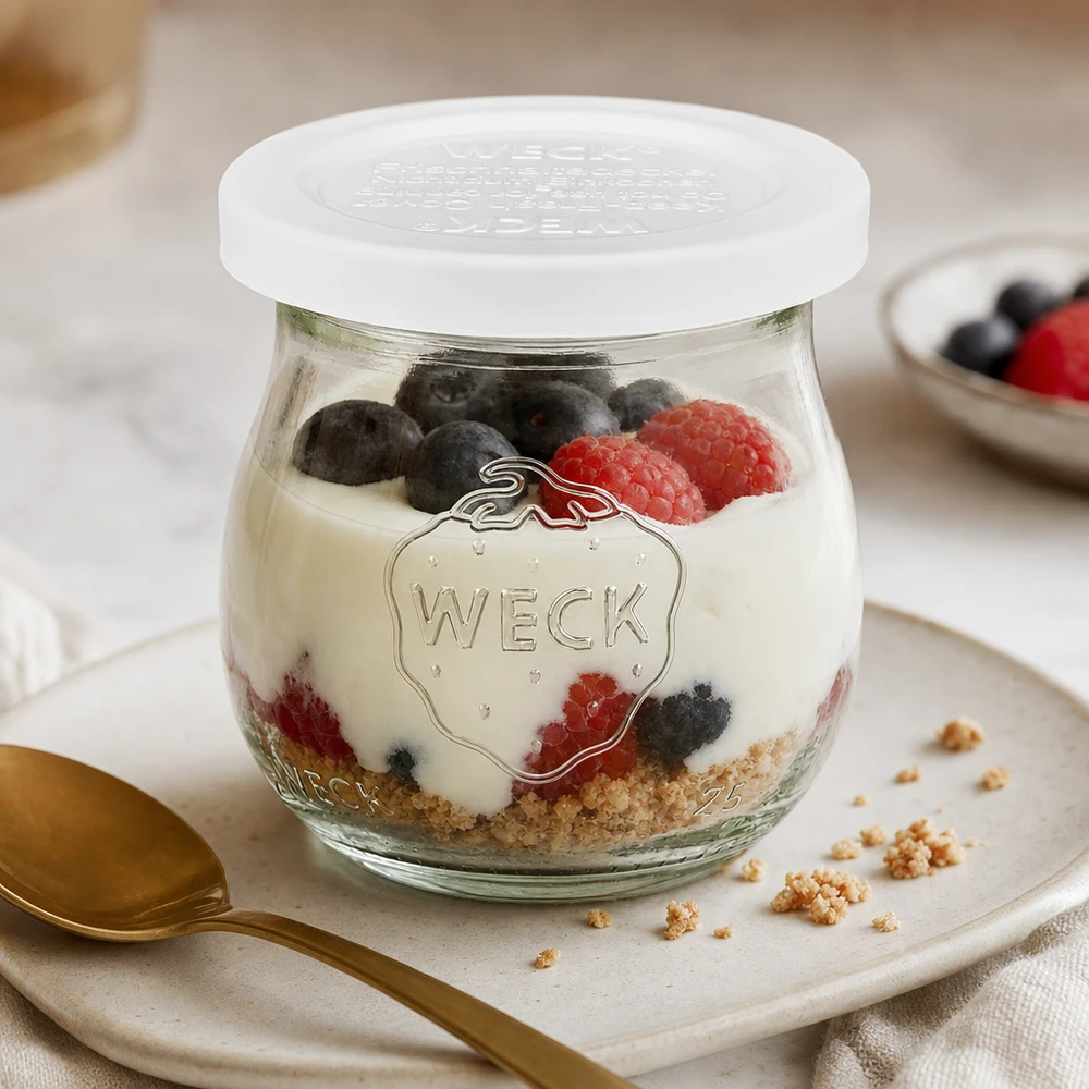 Słoik tulipan o pojemności 75 ml z pokrywką WECK RR40 WECK tulipan słoik 75ml RR40 z jogurtem, jagodami i granolą jako deser na białym talerzu ze złotą łyżeczką
