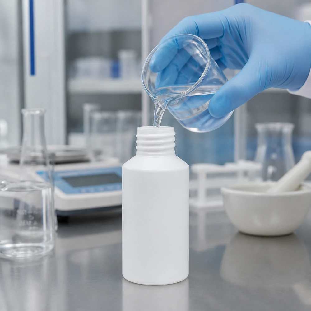 Biała butelka z tworzywa HDPE o pojemności 50 ml, bez nakrętki, jest napełniana w laboratorium przezroczystym płynem