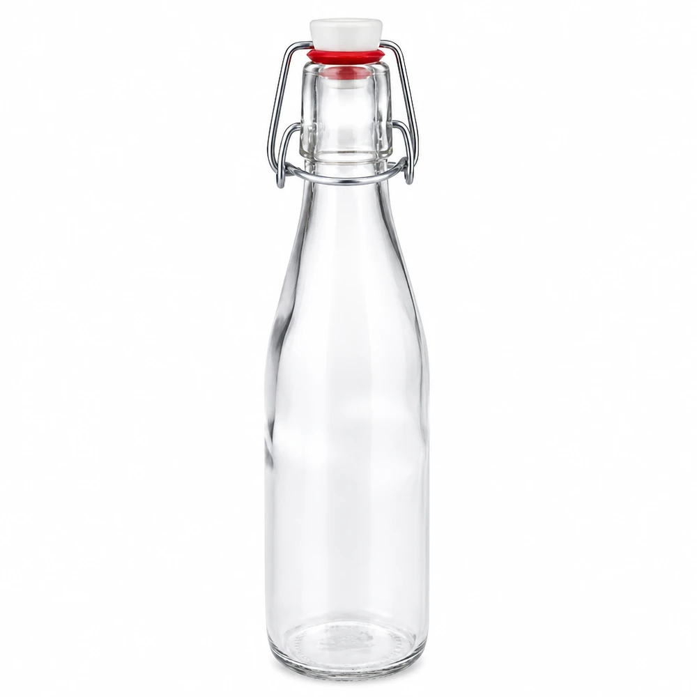 Szklana butelka o pojemności 250 ml z odchylaną górą i białą porcelanową zakrętką, pusta przezroczysta butelka na napoje