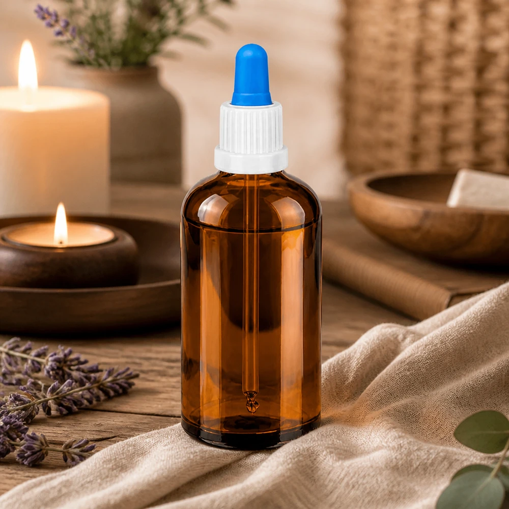 Butelka do leków płynnych 100 ml biała/niebieska OV BrownLine UT18/100 Mała butelka z bursztynowego szkła o pojemności 100 ml z pipetą z zakraplaczem, idealna do precyzyjnego porcjowania płynów
