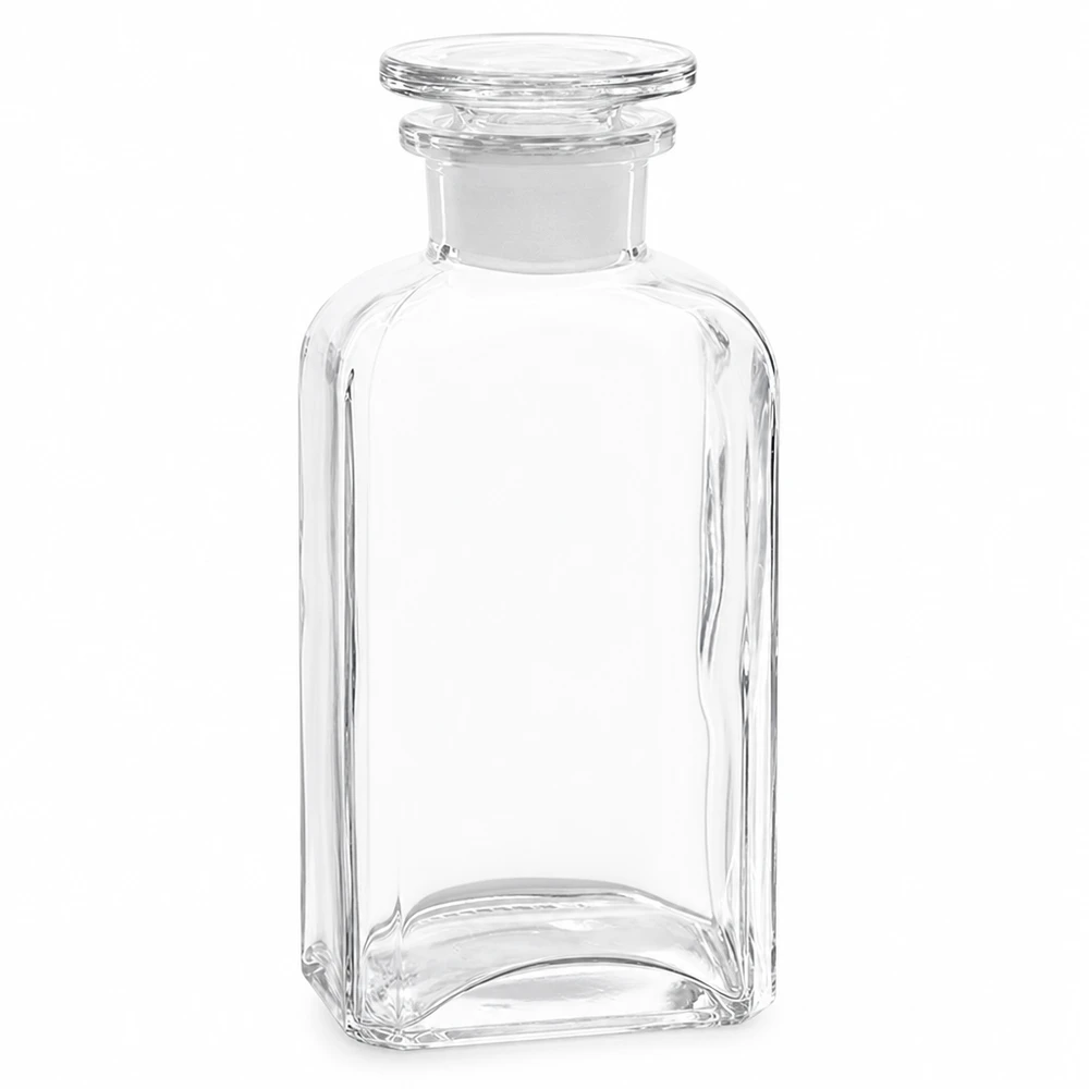 Butelka kwadratowa o pojemności 250 ml, wykonana z przezroczystego szkła, z szklanym korkiem, z szeroką szyjką, jakość laboratoryjna