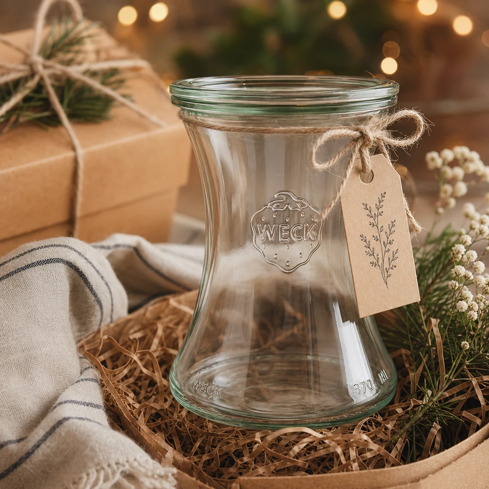 Słoik delikatesowy o pojemności 370 ml z szklaną pokrywką WECK RR80 Słoik delikatesowy WECK 370ml RR80 na prezent z papierową przywieszką w rustykalnej dekoracji świątecznej