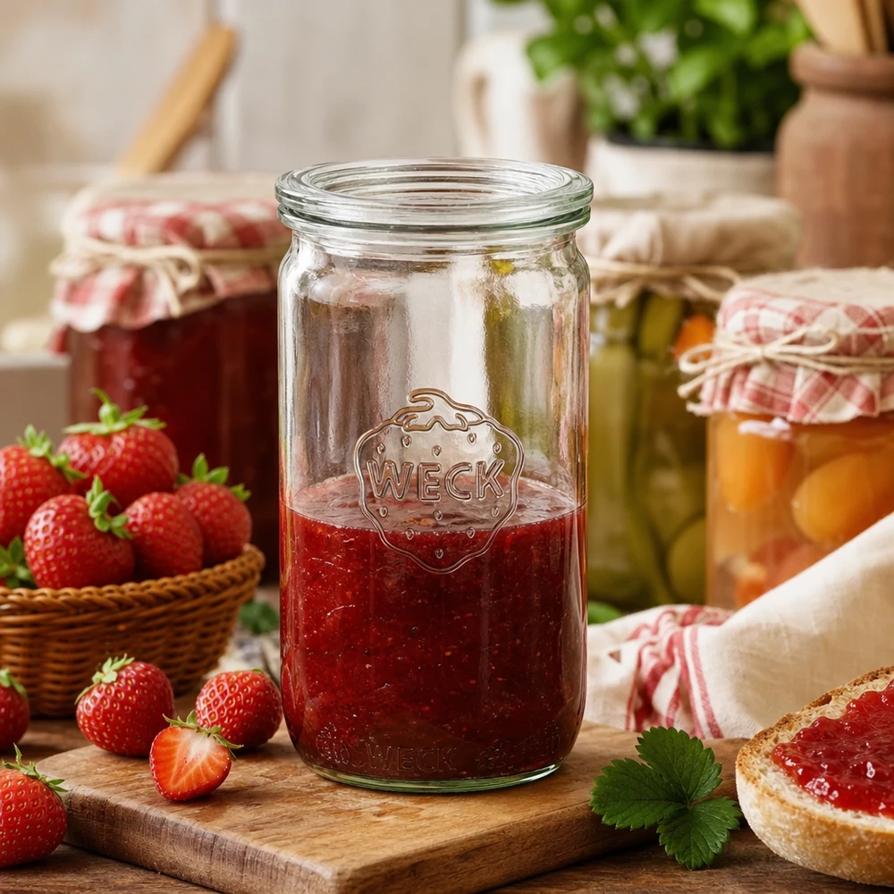 WECK 340ml słoik RR60 wypełniony dżemem truskawkowym w rustykalnej kuchni ze świeżymi truskawkami i chlebem