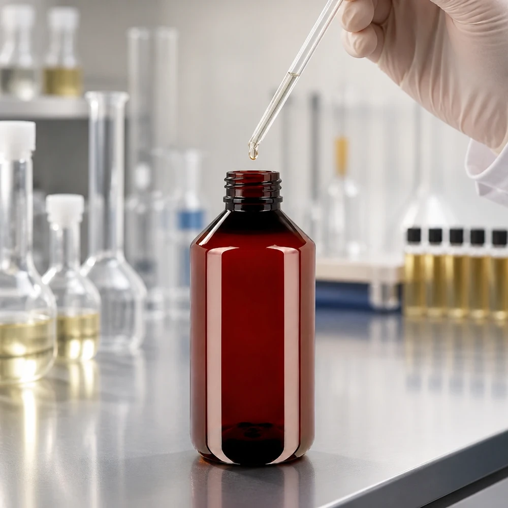 Butelka PET 750 ml z białą/czerwoną nakrętką OV Laborant napełnia brązową butelkę PET o pojemności 750 ml za pomocą pipety, stojąc przy stole ze stali nierdzewnej