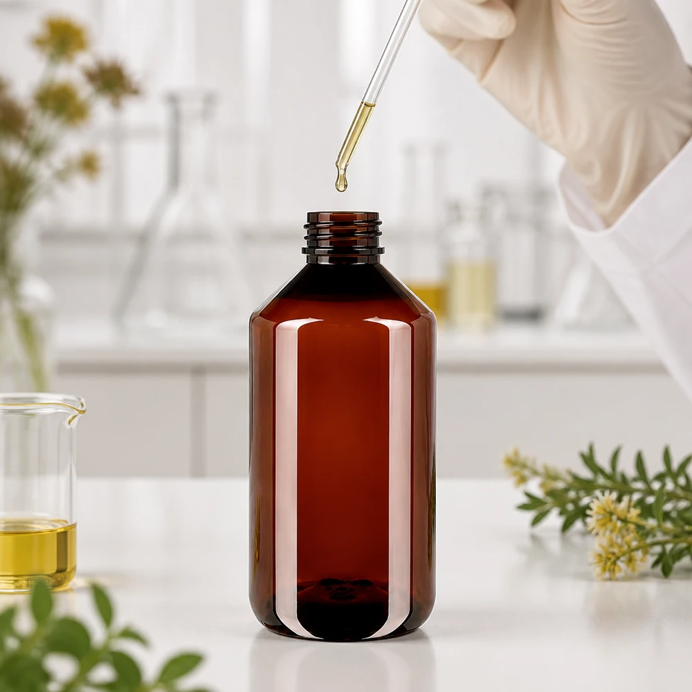 Butelka PET 750 ml z białym standardem OV Brązowa butelka PET o pojemności 750 ml z białym opakowaniem zewnętrznym w otoczeniu laboratoryjnym, z pipetą i ekstraktami ziołowymi