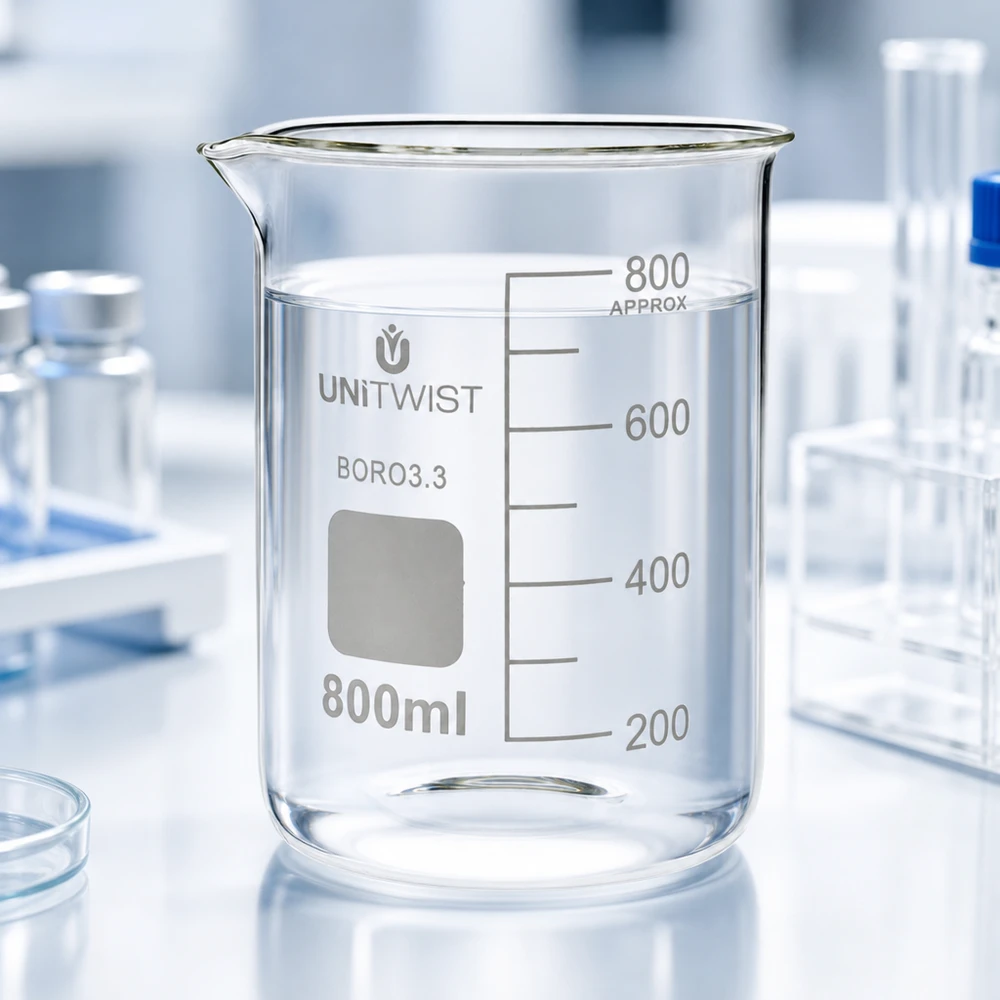Zlewka 800ml borokrzemianowa, niski kształt UNiTWIST Pusta, przezroczysta zlewka o pojemności 800 ml, wykonana ze szkła borokrzemowego 3.3, o niskim profilu, marki UNiTWIST, na białym blacie laboratoryjnym