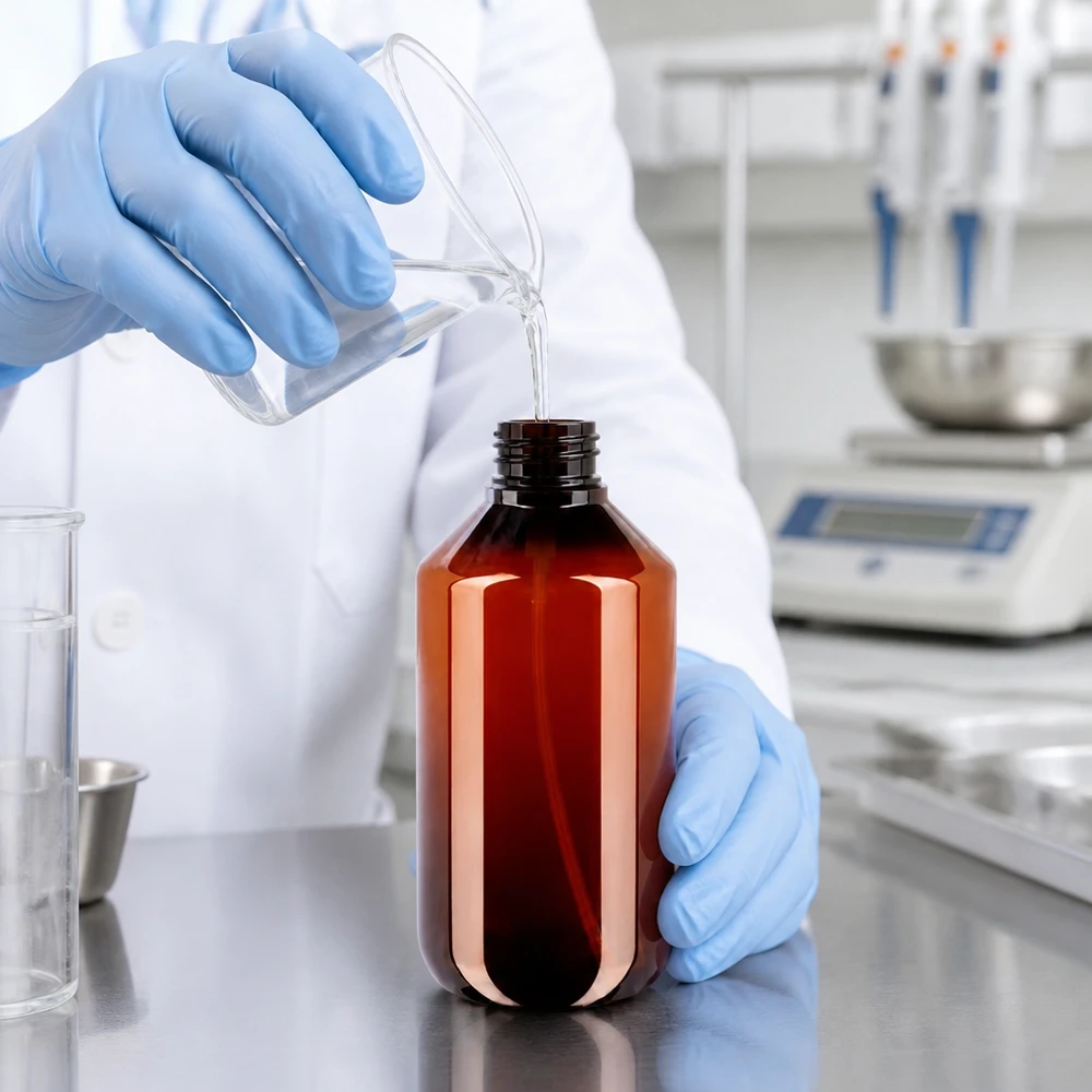 Butelka PET 200 ml z białym atomizerem Professionelle Abfüllung in UV-schützende braune PET Flasche 200ml auf Edelstahloberfläche