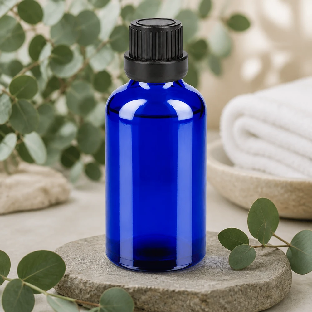 Butelka 50 ml 11 mm SV czarna OV BlueLine UT18/50 Kompaktowa szklana butelka 50 ml w kolorze kobaltowego błękitu z czarną zakrętką do przechowywania
