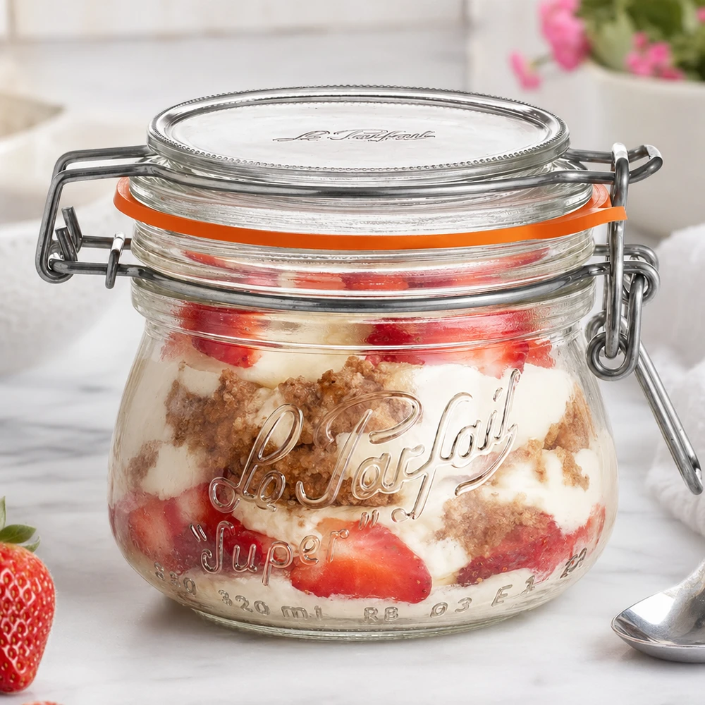 250ml Vorratsglas "Super" mit Bügelverschluss Le Parfait® Słoik do przechowywania Le Parfait Super o pojemności 250 ml z uchylną pokrywką wypełniony truskawkami i deserem na białej powierzchni.