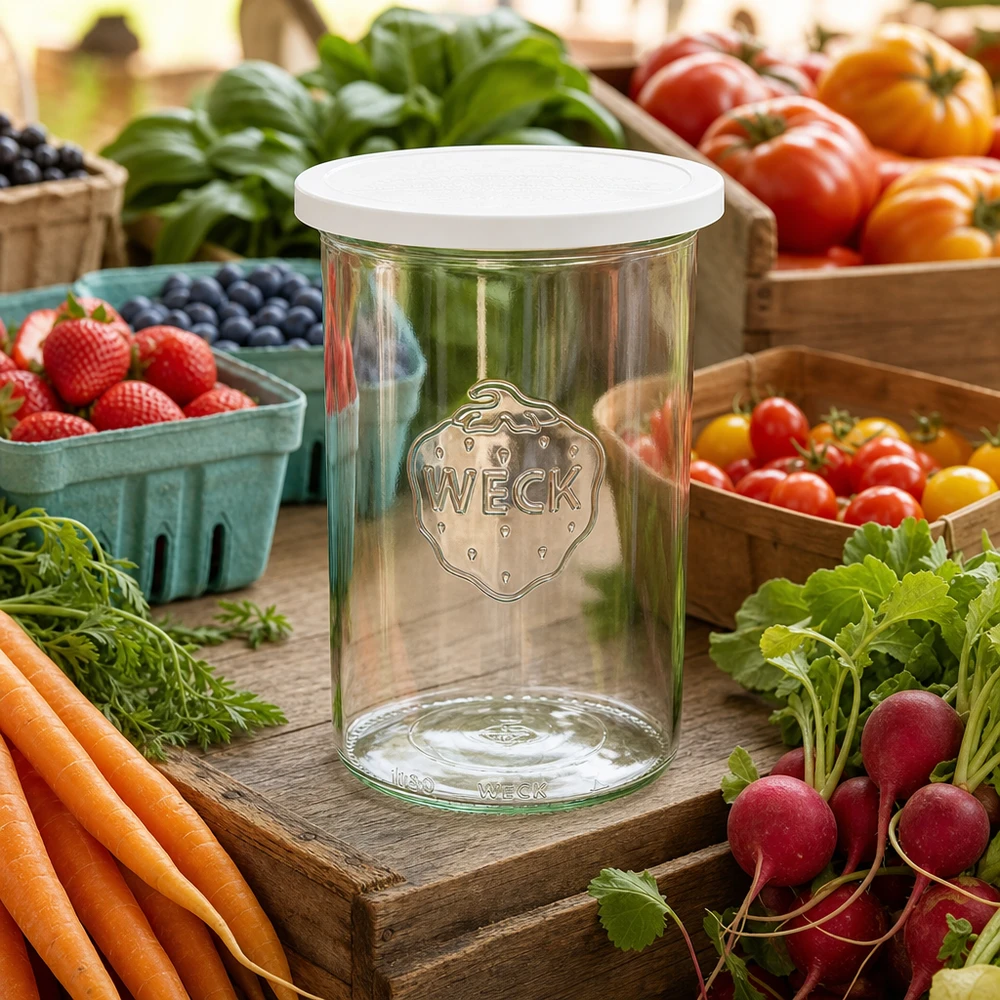 Kubki o pojemności 1000 ml z pokrywką WECK RR100 Kubki WECK 1000ml RR100 ze świeżą pokrywką między świeżymi warzywami z targu marchewką rzodkiewką i jagodami
