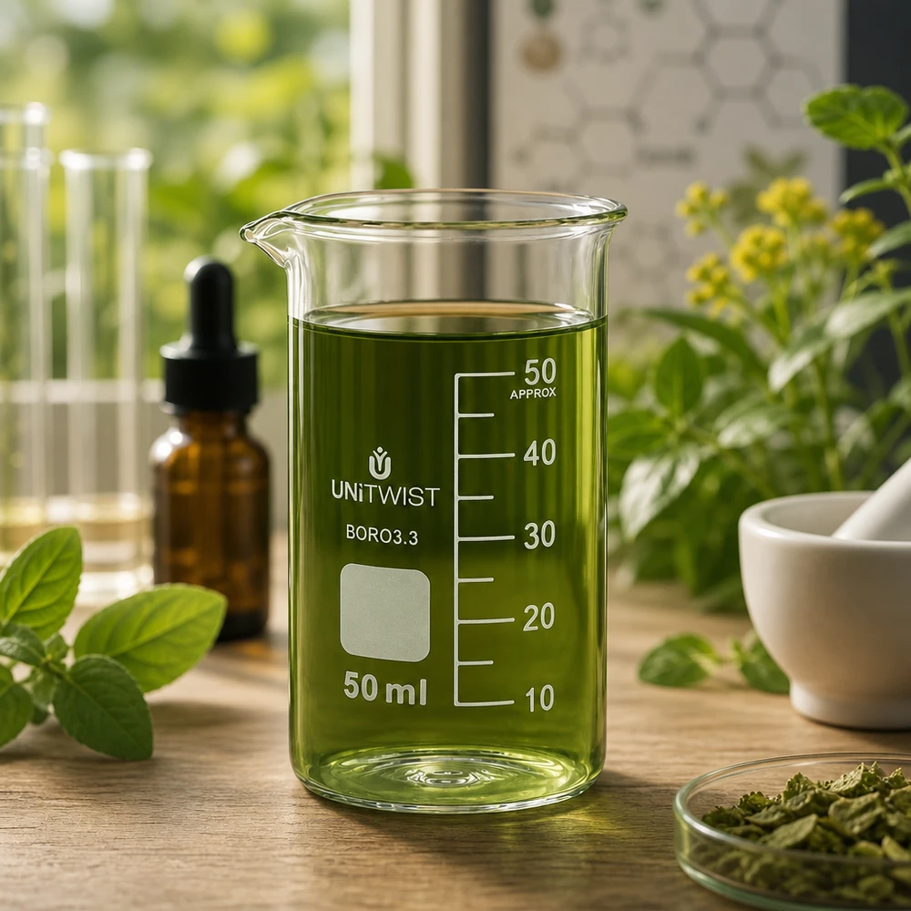 Zlewka 50ml borokrzemianowa, wysoka UNITWIST Szklanka o pojemności 50 ml, wysoka, model UNITWIST, z zielonym ekstraktem roślinnym otoczonym świeżymi ziołami