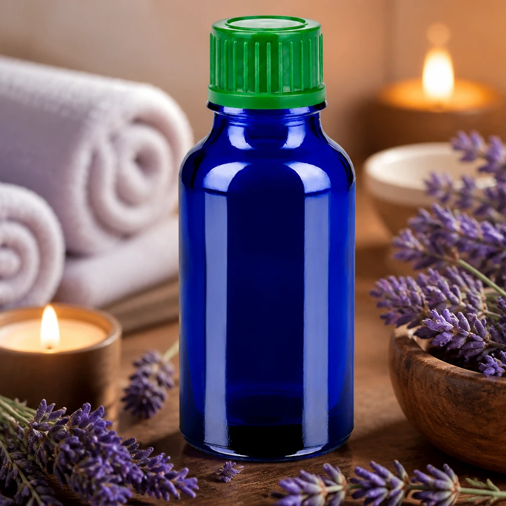 Butelka farmaceutyczna 20ml niebieska z zieloną nakrętką do olejków eterycznych i aromaterapii BlueLine UT18/20