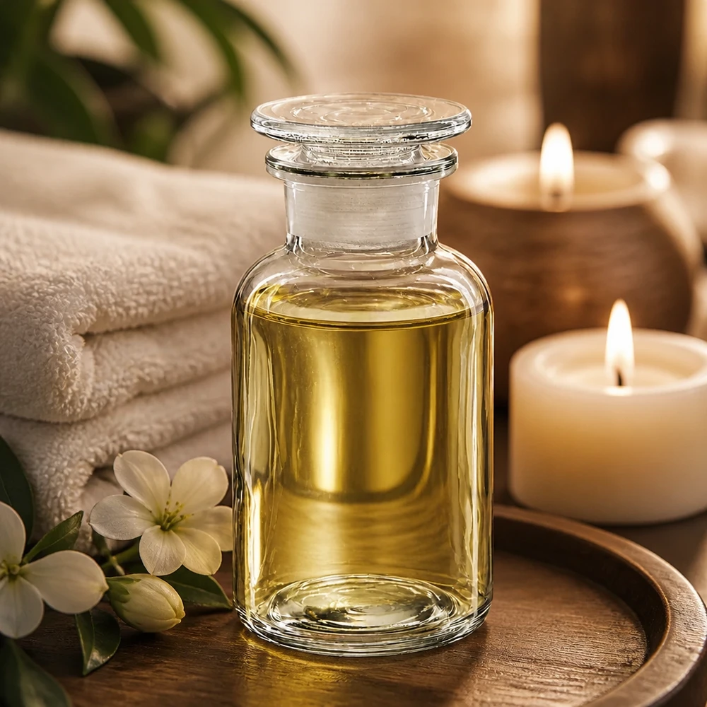Szklana butelka o szerokiej szyjce o pojemności 250 ml z szklanym korkiem, wypełniona złotym olejkiem do masażu w spa