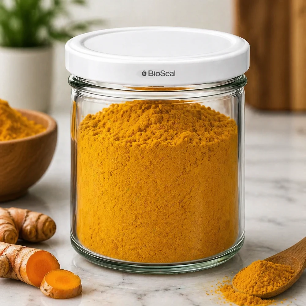 UNiTWIST lintel167 z białą pokrywą TO66 BioSeal UNiTWIST 167ml słoik z pokrywką BioSeal wypełniony kurkumą w proszku do przechowywania przypraw scena kuchenna
