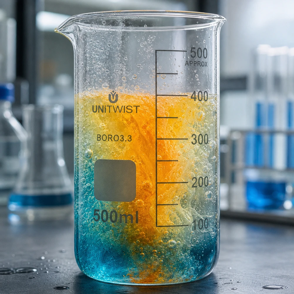 Reakcja chemiczna w zlewce UNITWIST o pojemności 500 ml i wysokim kształcie z mieszanką barwników w kolorze pomarańczowo-niebieskim