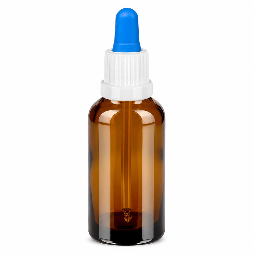 Butelka z pipetą 30 ml biała/niebieska OV BrownLine UT18/30 30 ml butelka z pipetą w kolorze brązowym z białą zakrętką i niebieską pipetą do precyzyjnego dozowania