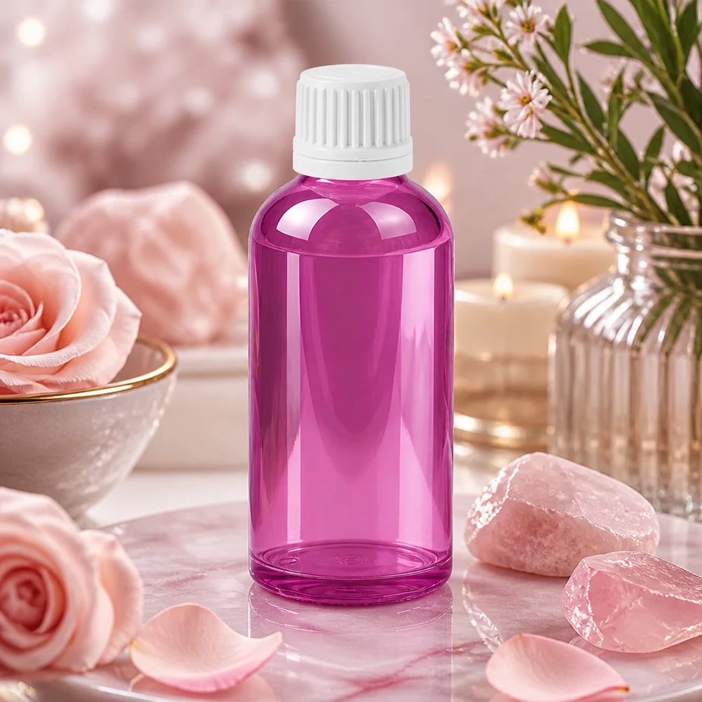 Fioletowa szklana butelka o pojemności 50 ml z otworem 11 mm i białą nakrętką umożliwiającą precyzyjne dozowanie.