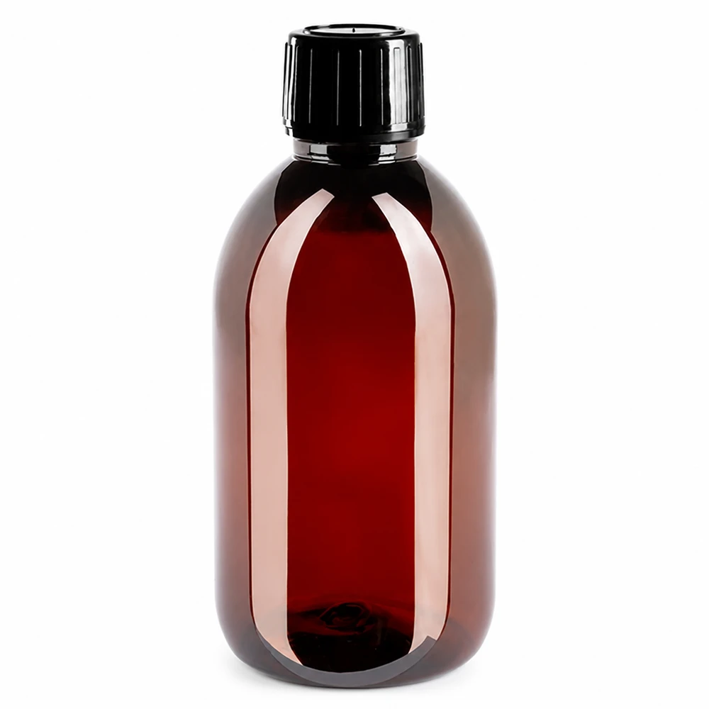 Butelka PET 250 ml z czarną nakrętką OV Lichtschutz PET Flasche 250ml Braunglas-Optik mit schwarzem Originalitätsverschluss