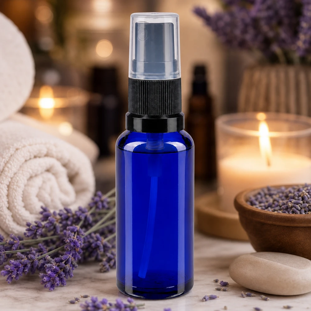 Butelka apteczna niebieska 30ml nasadka rozpylająca czarna Niebieska szklana butelka apteczna z rozpylaczem o pojemności 30 ml, z czarnym rozpylaczem, na tle marmuru z motywem lawendy