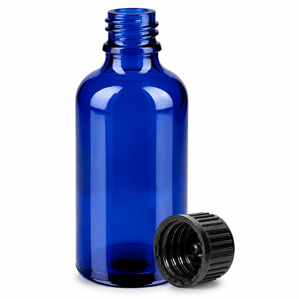 50 ml butelka 11 mm SV czarna OV BlueLine UT18/50 Kompaktowa szklana butelka o pojemności 50 ml w kolorze niebieskim z gwintem 11 mm i czarną nakrętką z zabezpieczeniem przed manipulacją.