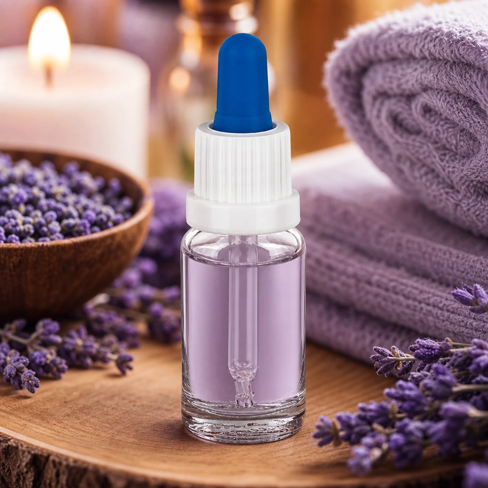 Butelka z pipetą 10 ml biała/niebieska OV ClearL. UT18/10 Buteleczka z pipetą o pojemności 10 ml wypełniona olejkiem lawendowym, umieszczona na drewnianej podstawce z kwiatami lawendy i świeczką
