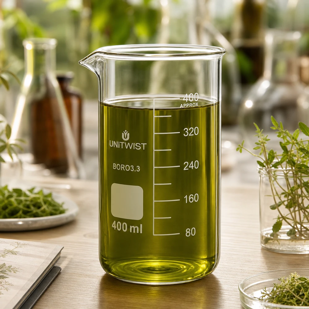 Zlewka 400ml borokrzemianowa, wysoka UNITWIST Szklanka UNITWIST o pojemności 400 ml z zielonym ekstraktem roślinnym, otoczona świeżymi ziołami na drewnianej podstawce