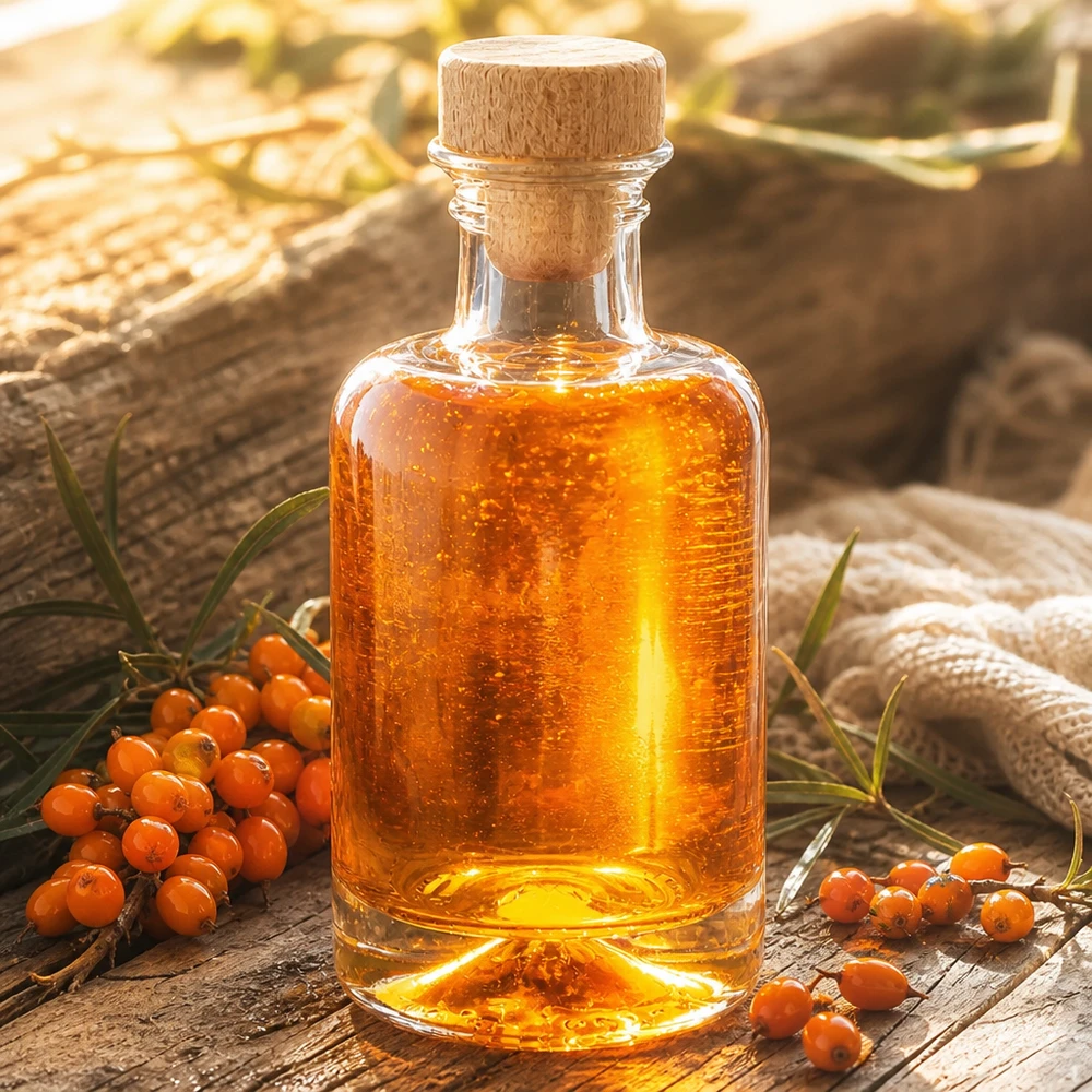 100 ml szklana butelka Sofia z drewnianym korkiem wypełniona olejem z rokitnika obok pomarańczowych jagód rokitnika naturalna dekoracja