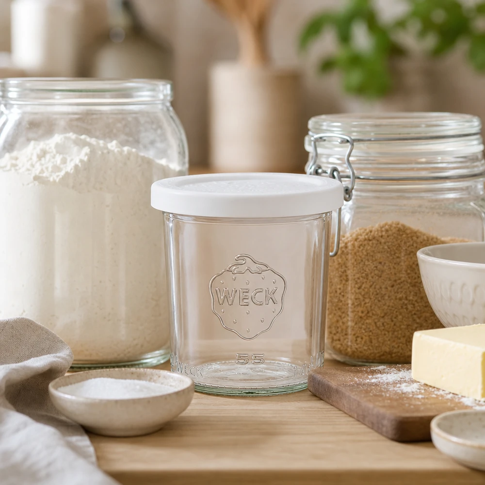 Kubki WECK 140 ml RR60 w naturalnym otoczeniu kuchennym ze składnikami do pieczenia i drewnianą deską jako ujęcie lifestylowe