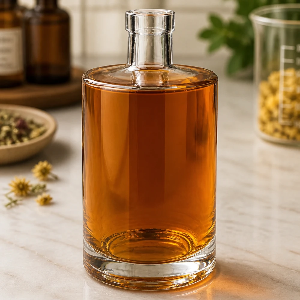 700 ml szklana butelka Marie wypełniona bursztynowym płynem w eleganckiej atmosferze z ziołami i słoikami aptekarskimi