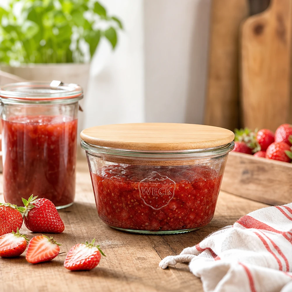 Słoik na przetwory WECK 290ml RR100 wypełniony dżemem truskawkowym, bambusowa drewniana pokrywka, scenka kuchenna ze świeżymi truskawkami