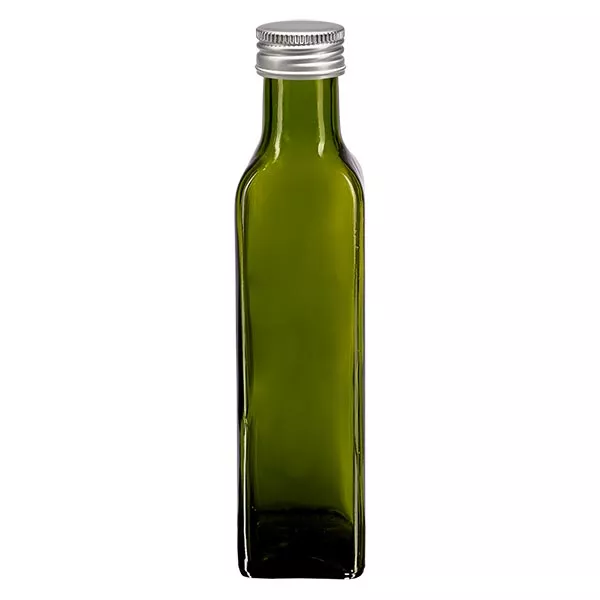 250 ml zakręcana butelka kwadratowa oliwkowozielona ze srebrną nakrętką zakrętka