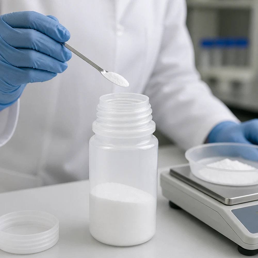 50 ml biała butelka laboratoryjna z szeroką szyjką, otwarta, z wagą laboratoryjną i białym proszkiem podczas ważenia