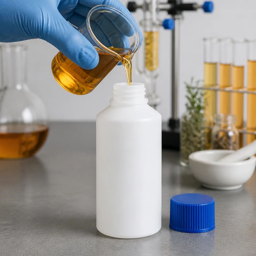 Butelka apteczna HDPE 50ml biała, z niebieskim SV Laborant napełnia białą butelkę aptekarską z HDPE o pojemności 50 ml i niebieskim zamknięciem złotym płynem