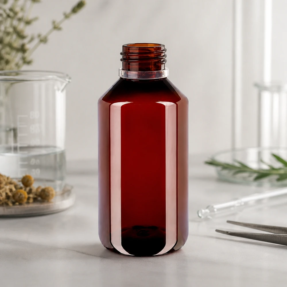Butelka PET w kolorze bursztynowym o pojemności 750 ml z zakrętką i pierścieniem zabezpieczającym w warunkach laboratoryjnych