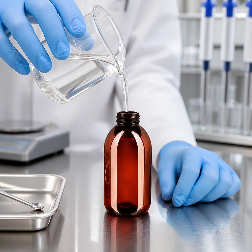 Butelka PET 250 ml z niebieską nakrętką OV Laborant wlewa przezroczysty płyn do bursztynowej butelki PET o pojemności 250 ml z niebieską nakrętką