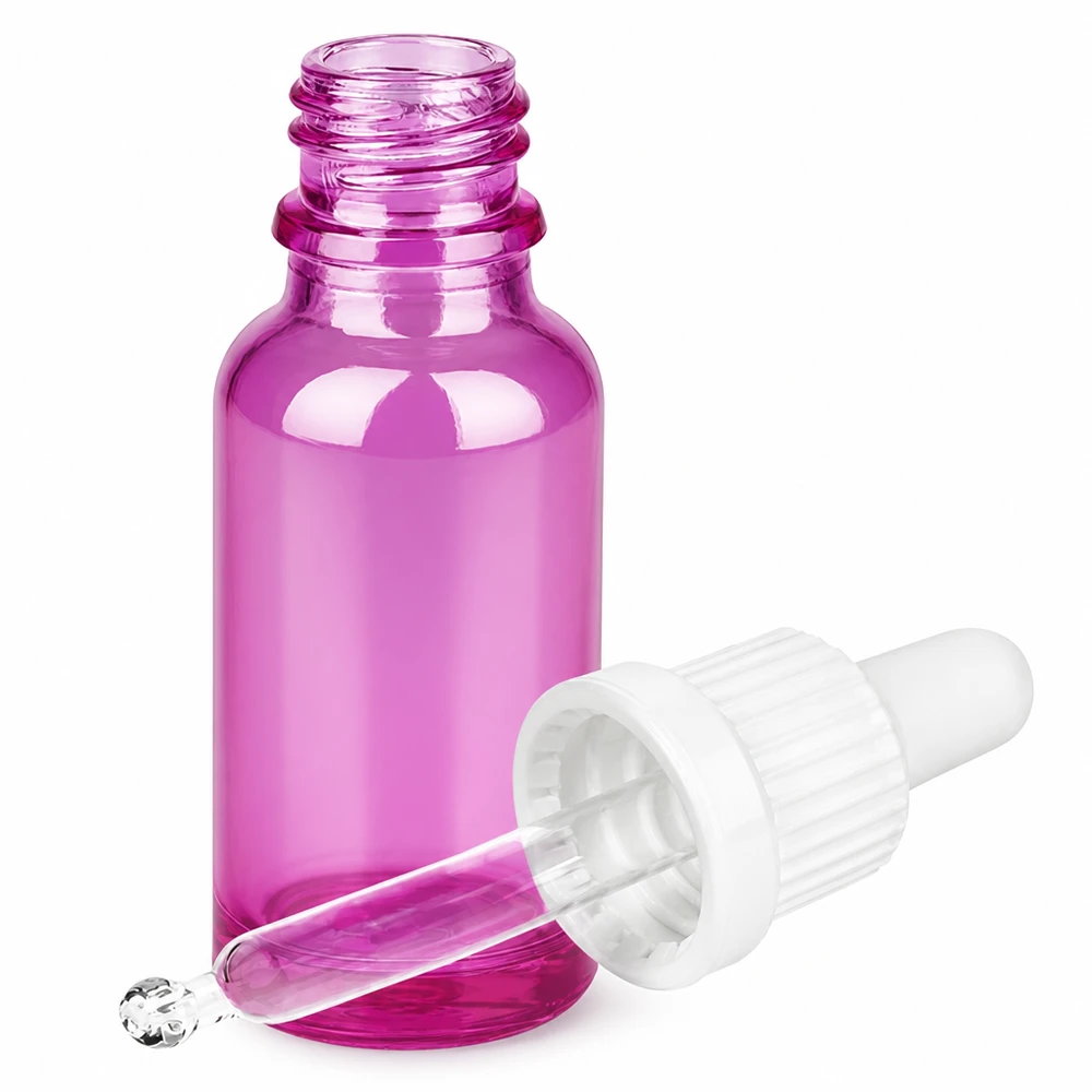 Fioletowa szklana butelka 20 ml z pipetą do kosmetyków i olejków eterycznych
