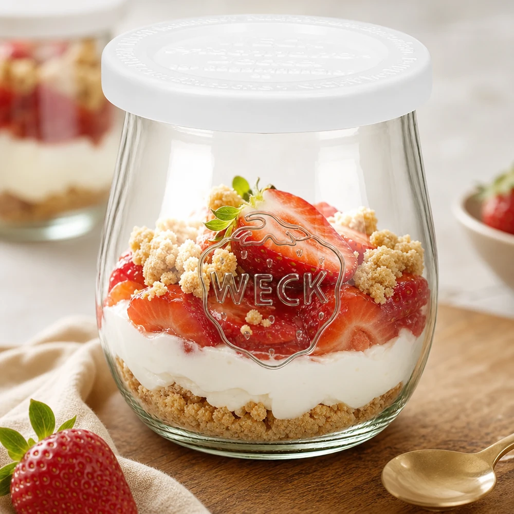 WECK tulipan słoik 220ml ze świeżą pokrywką jako słoik deserowy - deser truskawkowo-śmietankowy z kruszonką w słoiku RR60