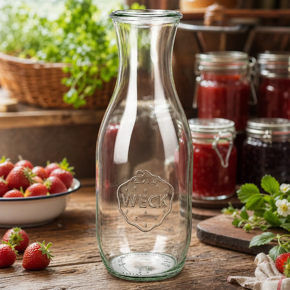 Butelka na sok WECK 1062ml RR60 w rustykalnej kuchni ze świeżymi truskawkami i słoikami dżemu jako dekoracja