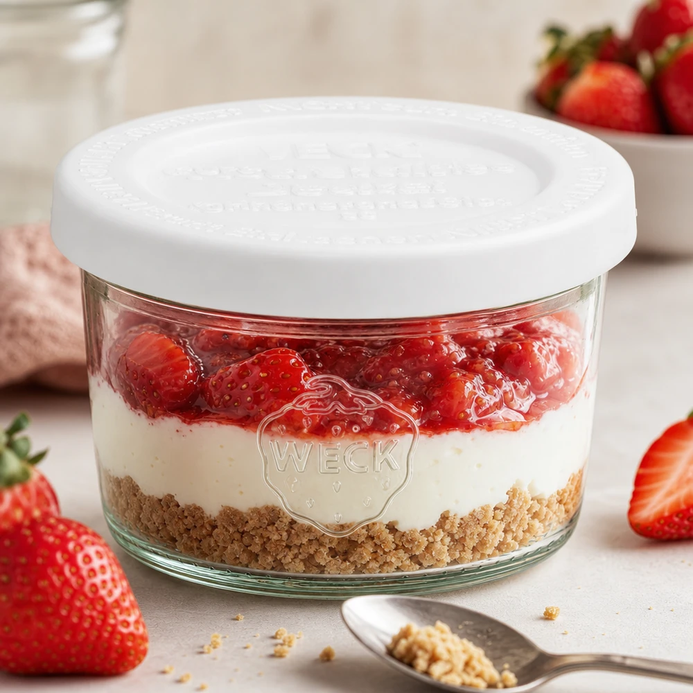 Słoik o pojemności 80 ml z pokrywką zachowującą świeżość WECK RR60 Kubki WECK 80 ml RR60 z deserem truskawkowym i ciasteczkową podstawą jako deser warstwowy między świeżymi truskawkami i łyżeczką