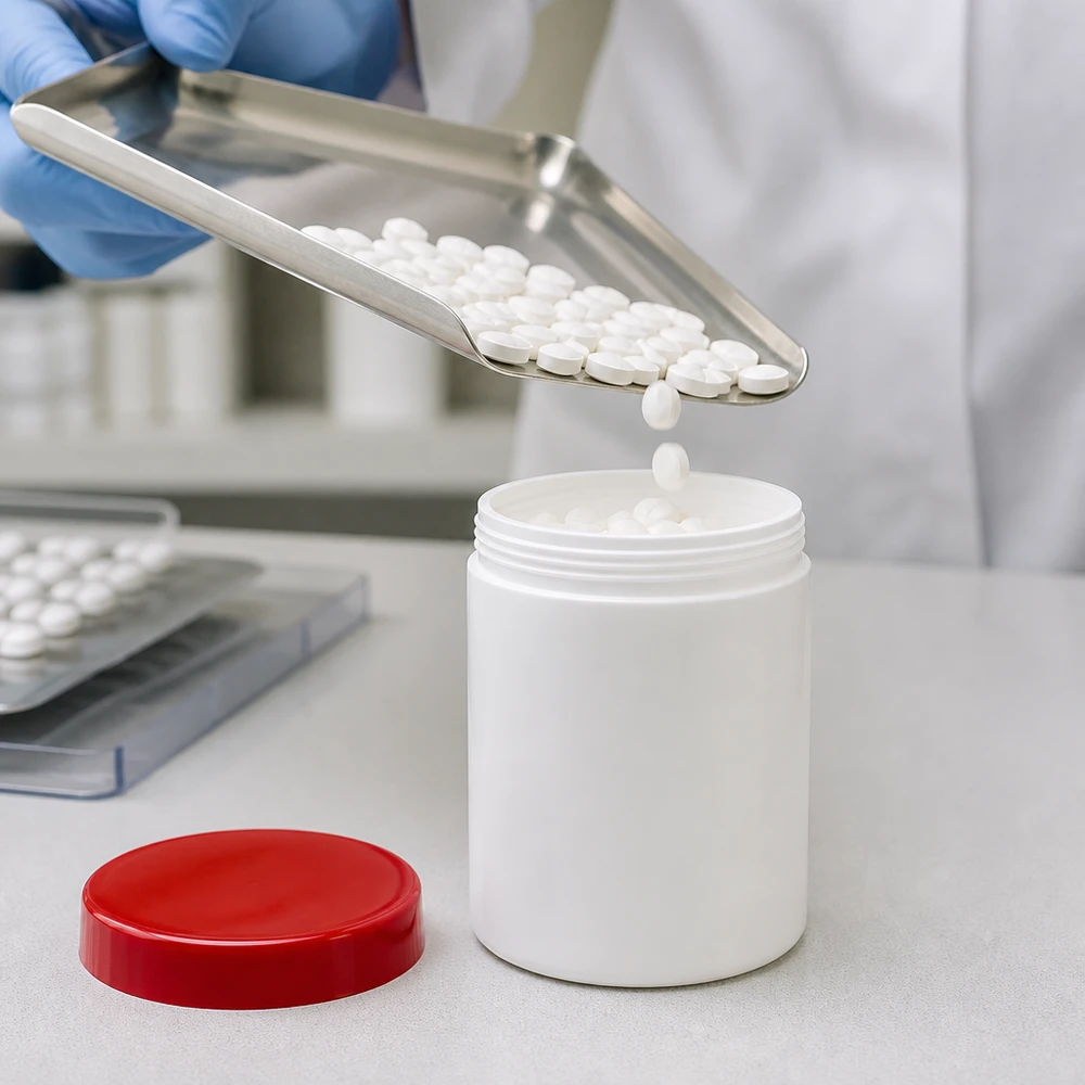 Specjalista farmaceutyczny napełnia w laboratorium biały słoik na maść o pojemności 50 g z czerwoną zakrętką z PP