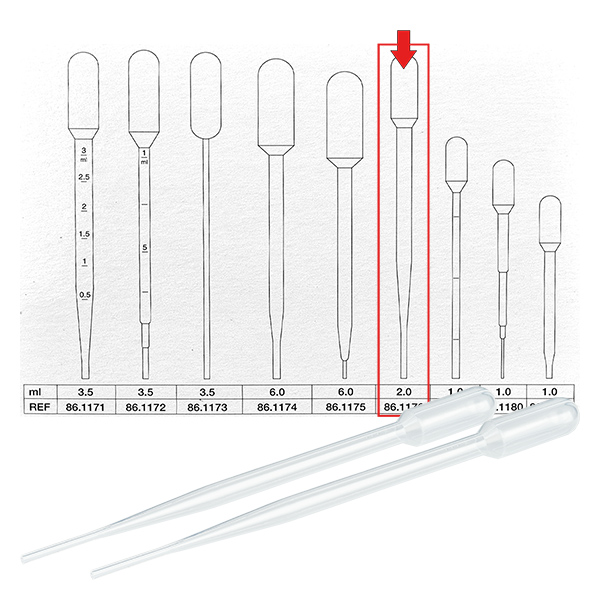 Pipeta transferowa, objętość nominalna: 2 ml, (dł. x szer.): 154 x 11 mm, materiał: LD-PE, przezroczysta, wielkość kropli: 35 µl - 45 µl, 750 sztuk/karton Pipeta transferowa, objętość nominalna: 2 ml, (dł. x szer.): 154 x 11 mm, materiał: LD-PE, przezroczysta, wielkość kropli: 35 µl - 45 µl, 750 sztuk/karton